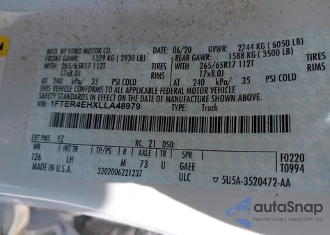 2020 Ford Ranger Xlt z USA, uszkodzony, nr VIN 1FTER4EHXLLA48979